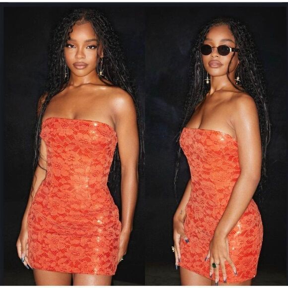 NWT LAQUAN SMITH Spring 2023 Runway Orange Sequin Strapless Mini Dress S… - Picture 5 of 16